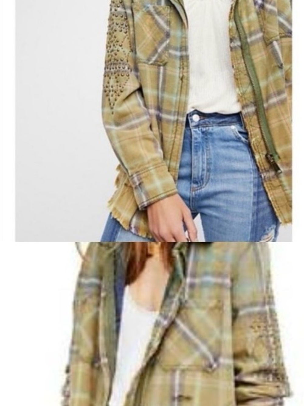 Free People Olive Plaid Studded Fringe Shirt Jacket
